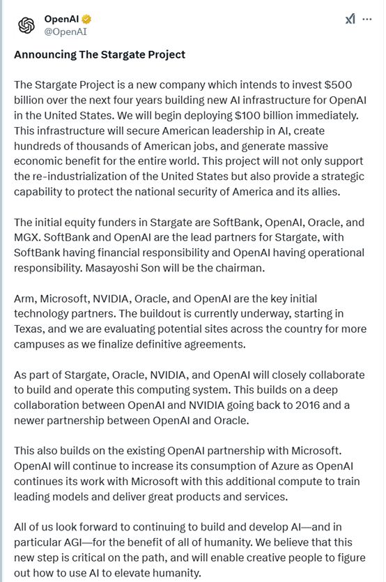 特朗普：OpenAI、软银、甲骨文成立新公司Stargate，投入5000亿美元 image 1