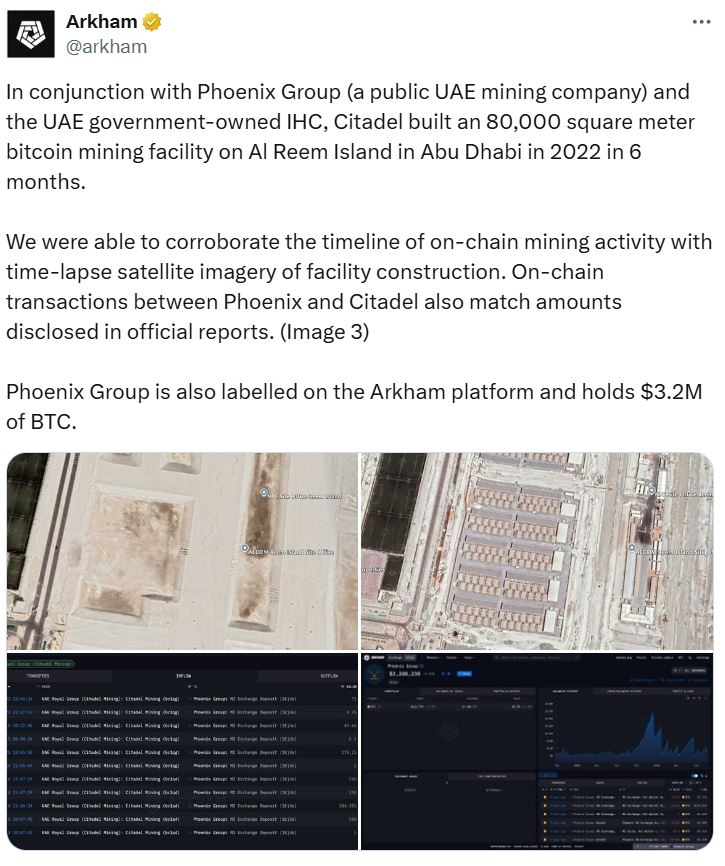 Arkham分析显示，阿联酋通过Citadel挖矿持有约6,300枚比特币，远低于此前估算的420,000枚 image 1