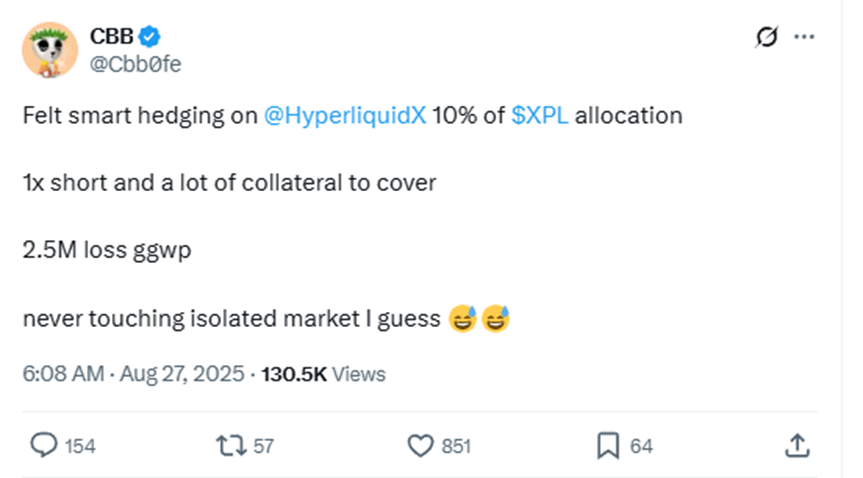 猎杀游戏继续：Hyperliquid XPL 闪电轧空，亏损或超 6000 万美金 image 2