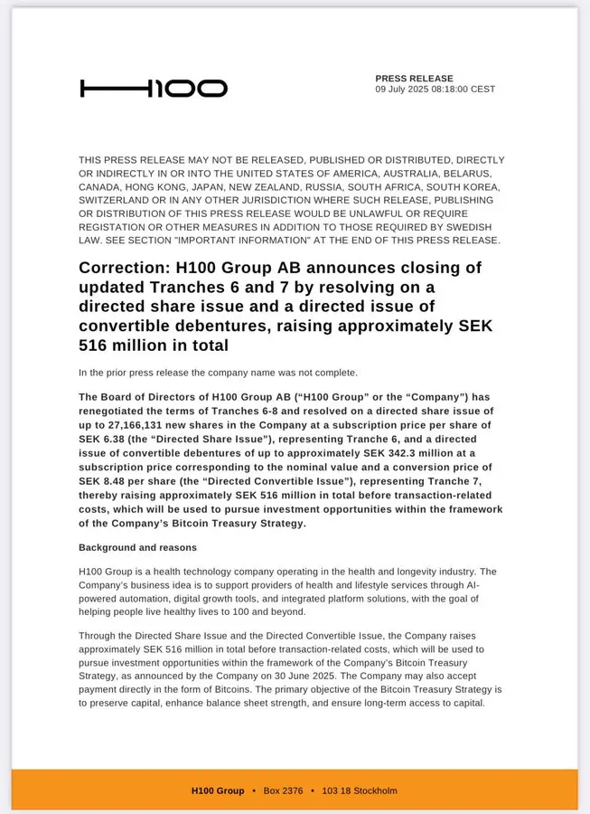 瑞典 H100 Group 融资 5400 万美元增持比特币 - 总融资额达 9600 万美元