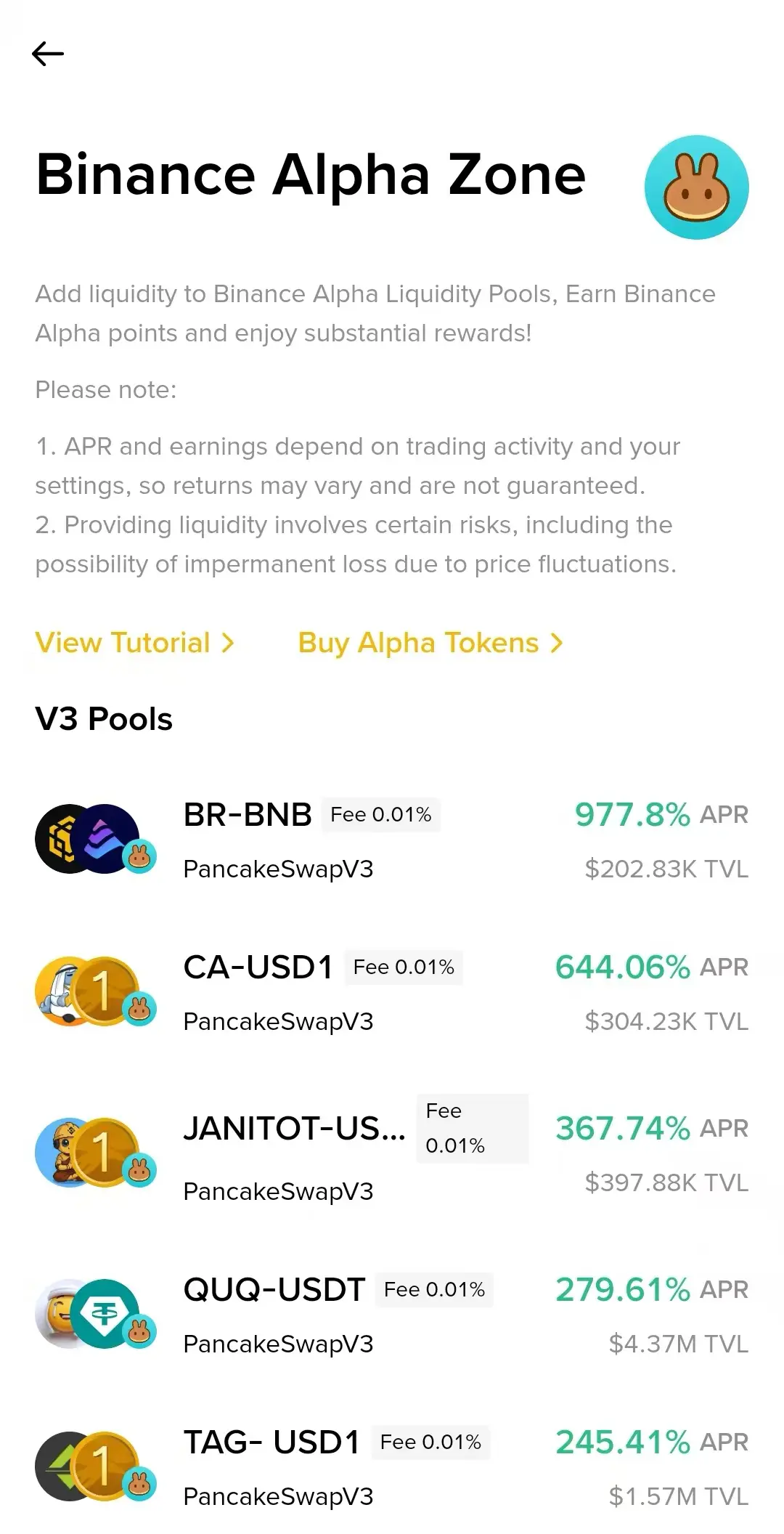 Binance Alpha流动性池：BR-BNB交易对APR高达977.8%！