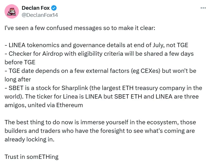 Linea 项目负责人：7 月底公布代币经济学和治理细则，非 TGE