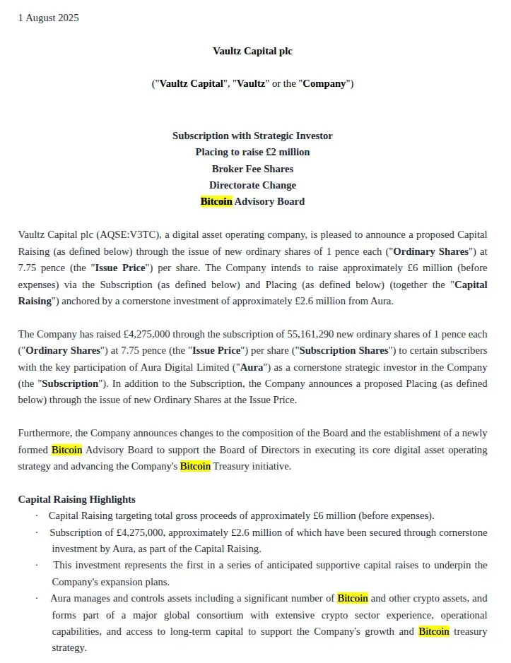 Vaultz Capital 完成 430 万英镑融资：扩大比特币储备，布局未来！