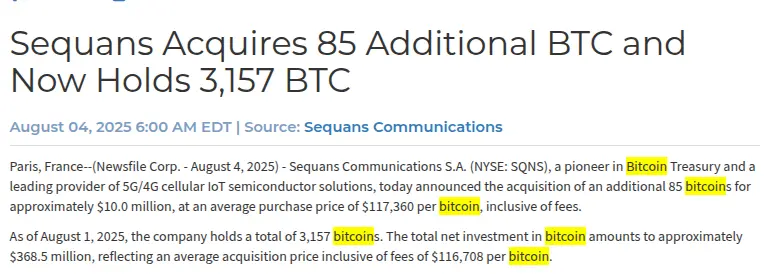 Sequans增持比特币至3157枚！美股上市公司为何持续加仓？