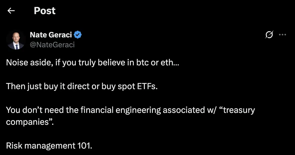 ETF Store总裁建议：投资加密货币，现货ETF或直接持币更优，避开“财库公司”