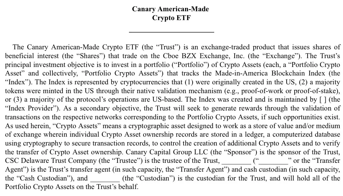 Canary American-Made Crypto ETF：Canary Capital 向 SEC 提交申请