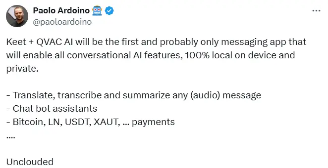 Tether CEO 宣布 Keet 将支持 BTC、USDT 和 XAUT 支付
